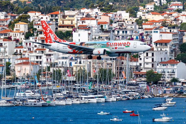 A Boeing 737-800 aircraft of Transavia with the registration PH-HXA and the Sunweb special livery at Skiathos Airport