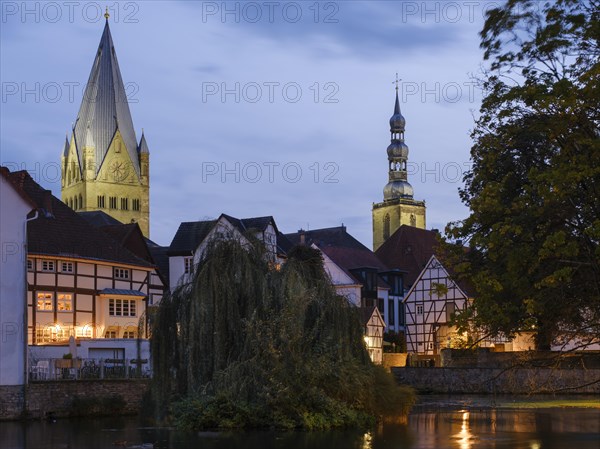 City view at the large pond with St. Patrokli Cathedral and St. Petri Church