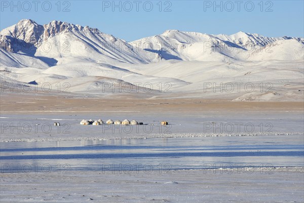 Yurts in traditional Kyrgyz yurt camp in the snow along Song Kul