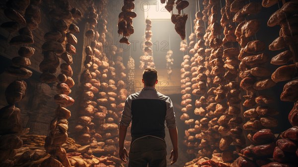 Young adult man standing amid A towering bountiful display of endless fresh breads