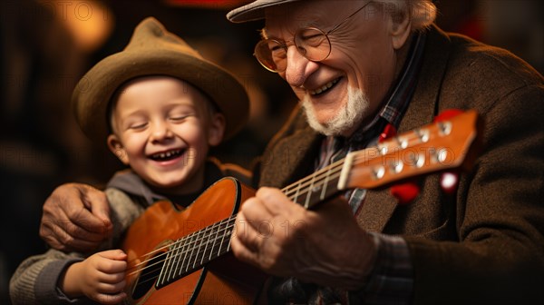 Elderly person playing a ukulele