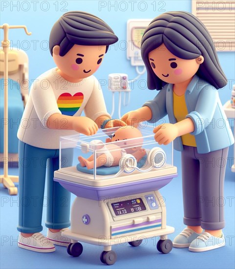 Illustration depicting couple of lesbian gay persons at the hospital neonatology paediatrics take care of newborn