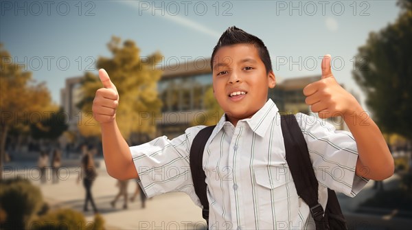 Excited young hispanic boy wearing a backpack giving two thumbs up on campus
