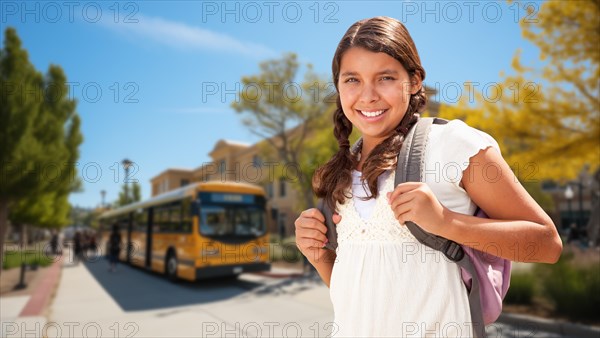 Happy young hispanic girl wearing a backpack near a school bus on campus