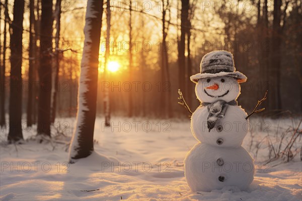 A cheerful looking snowman stands in a forest