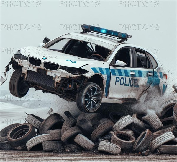 Police patrol ev car destroyed in accident chase robbers scene