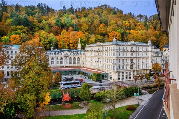 Grandhotel Pupp on the banks of the Tepla in autumn