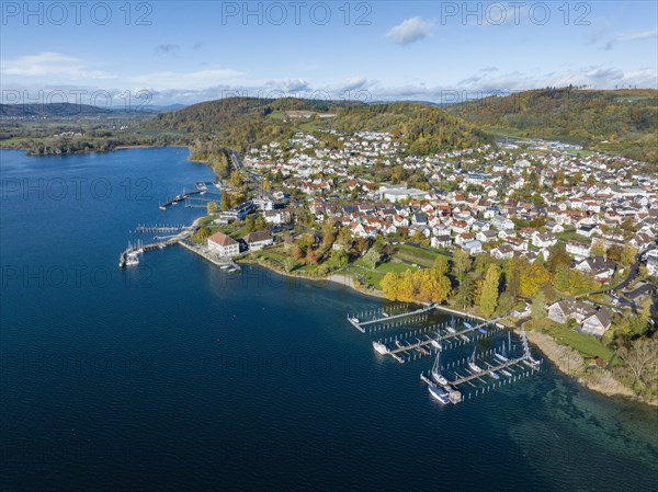Aerial view of Lake Constance with the municipality of Bodman-Ludwigshafen with the marina and old customs house