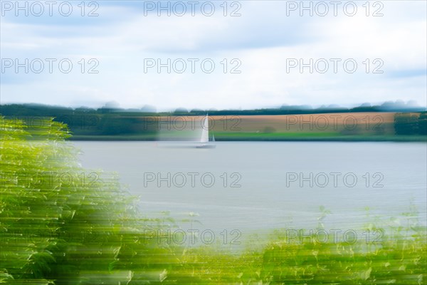 A sailing boat with a white sail is sailing across the water of the Schlei