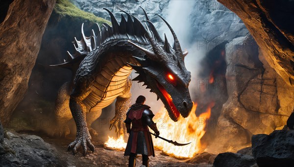 A fire-breathing dragon threatens a knight