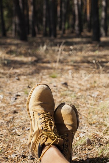 Close up shoes sunlight forest path