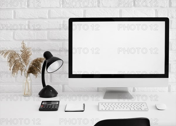 Front view desk with computer lamp