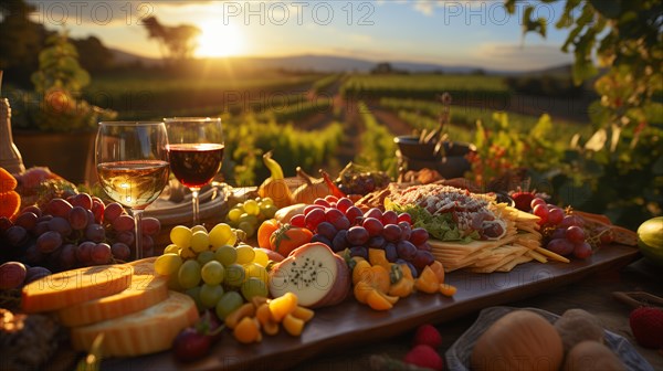 Bountiful display of agricultural abundance colorful vegetables and organic fresh fruits at harvest time outdoors amongst the country vineyards. generative AI