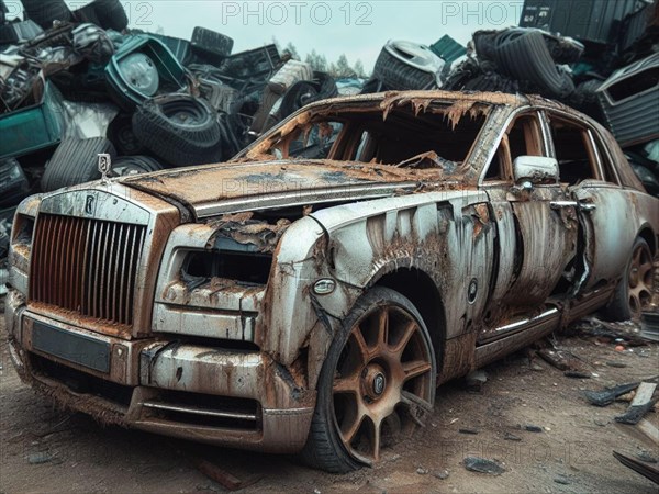 Crashed abandoned rusty expensive luxurious atmospheric 4 door powerful as circulation banned for co2 emission 2030 agenda dystopian concept ai generated