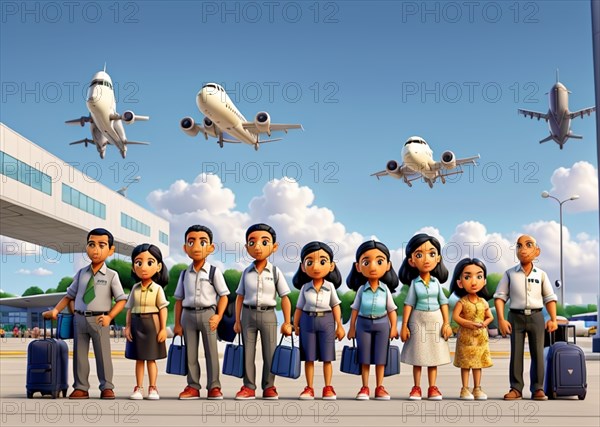 Crowds with luggage backpack trolley wait to board plane at airport for holiday trip in high season ai generated