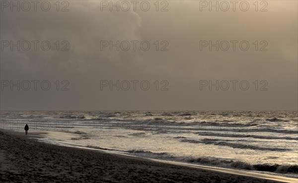 Lonely walker on the beach at sunset