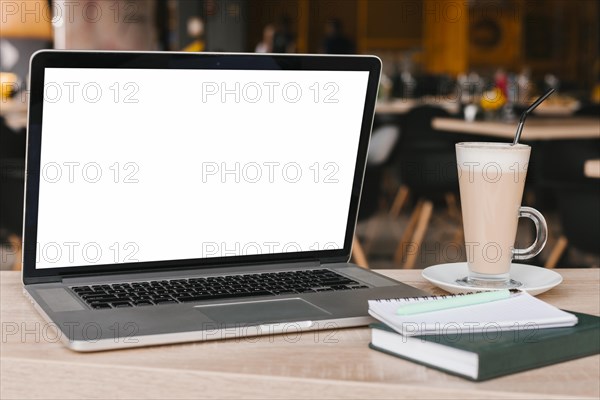 Laptop notebook wooden surface mockup