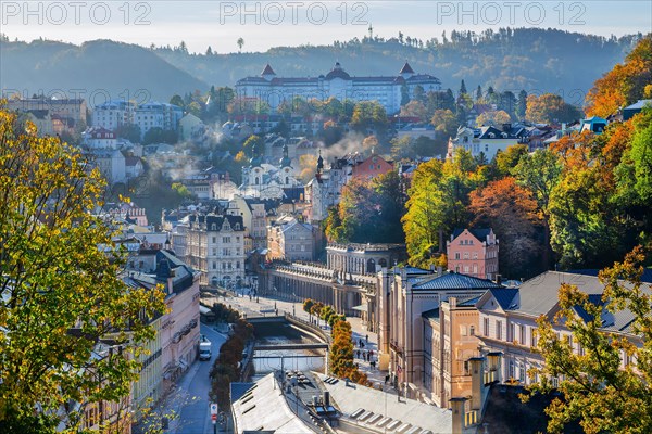 Panorama of the town in the Tepla Valley with the Mill Colonnade in autumn