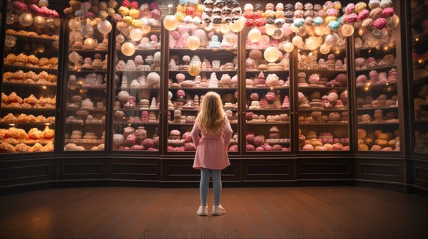 Young girl standing amid towering shelves of delicious pastries. generative AI