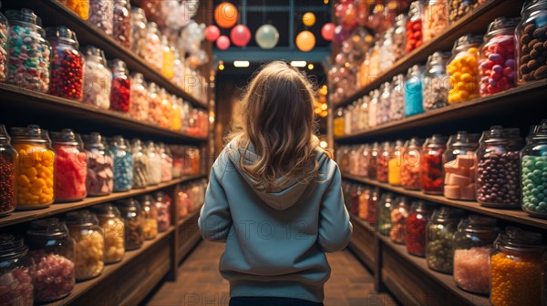 Back view of a small child walking amidst a bountiful display of glass candy jars at a market filled with endless varieties of colorful confections and an abundant selection of sweet treats. generative AI