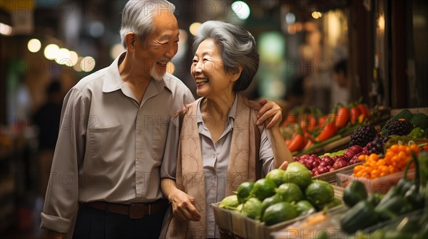 Happy senior adult chinese couple enjoying the farmers market with bountiful produce. generative AI