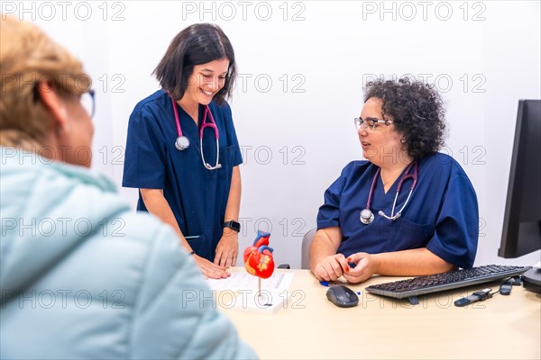 Cardiologist and nurse talking in a clinic next to patient with a model of a heart in the table