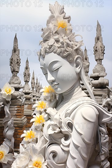 Cambodian white female deity surrounded by a row of stupas