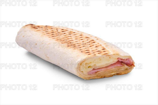 Shawarma with pork ham and mozzarella isolated on white