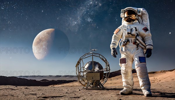An astronaut in a spacesuit on the moon in front of the starry sky