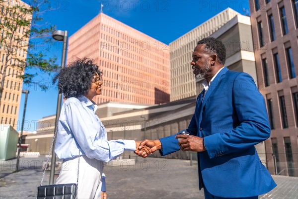 Side view of happy and successful african business people shaking hands on an outdoor meeting