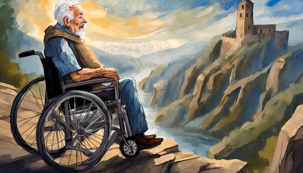 An old man sits in a wheelchair on a precipice