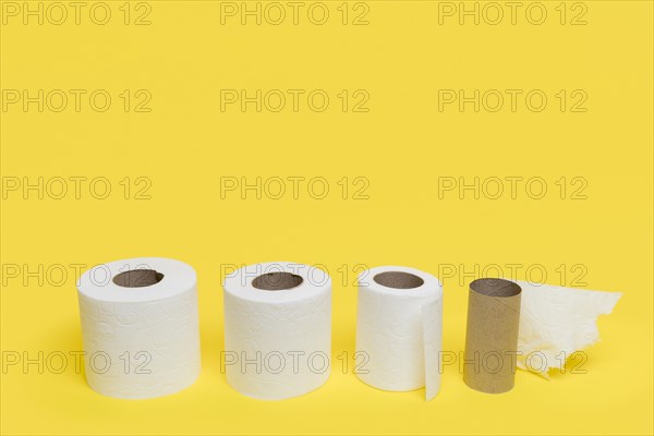 High angle different sized toilet tissue paper
