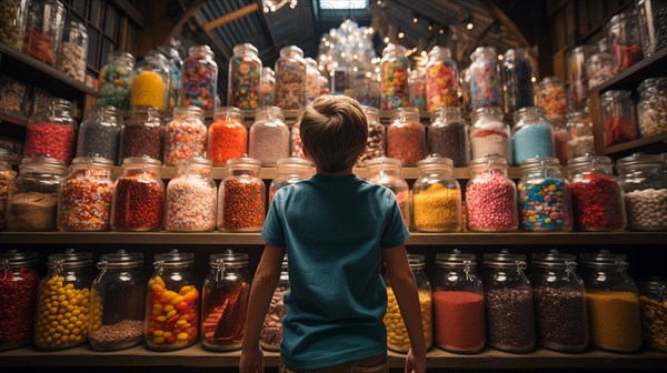 Back view of a small child walking amidst a bountiful display of glass candy jars at a market filled with endless varieties of colorful confections and an abundant selection of sweet treats. generative AI