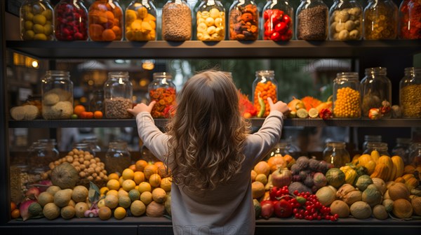 Back view of a small child reaching up toward a bountiful display of glass jars of food piled high at a market with a variety of fresh fruits and an abundant selection of colorful vegetables. generative AI