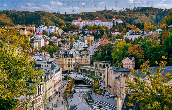 Panorama of the town in the Tepla Valley with the Mill Colonnade in autumn