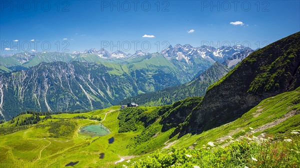 Panorama from the Fellhorn over the Schlappoldsee and Fellhornbahn mountain station to the central main ridge of the Allgaeu Alps