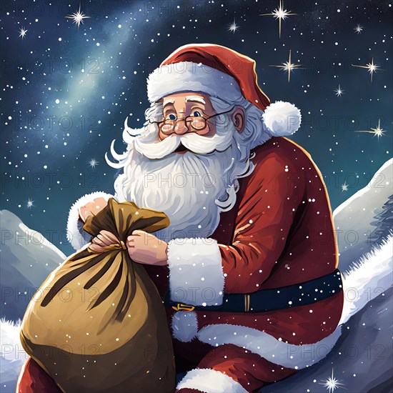 Father Christmas with a sack of presents sits in front of a starry sky