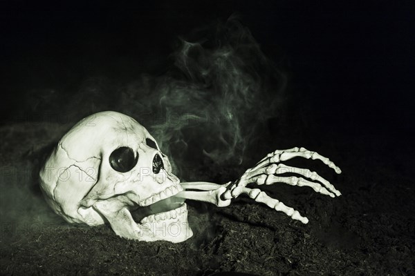 Skeleton s hand sticking out skull ground