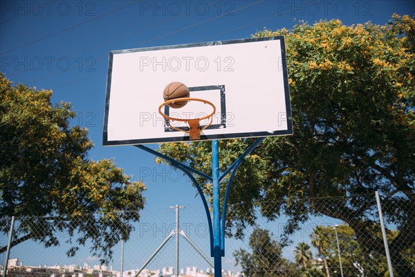 Basketball falling into hoop blue sky