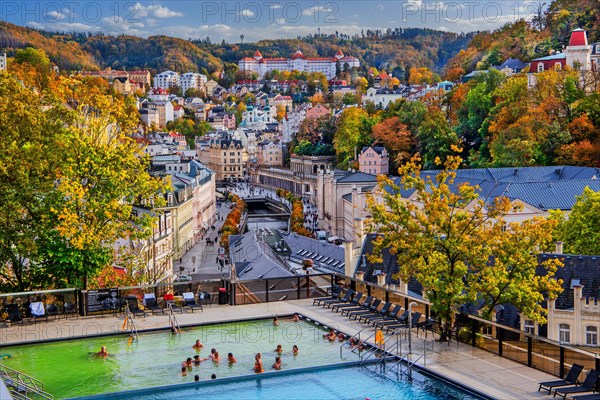 Outdoor terrace of the thermal spa with panoramic view of the city in autumn