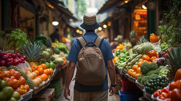 Young adult man with a backpack walking the bountiful farmers market. generative AI