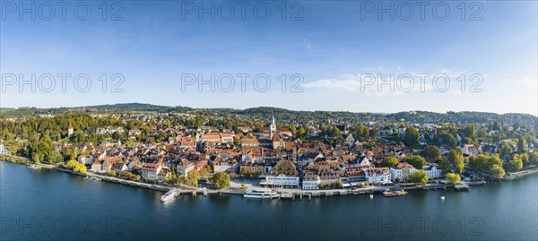 Aerial panorama of Ueberlingen on Lake Constance with the historic old town and the lakeside promenade Lake Constance district