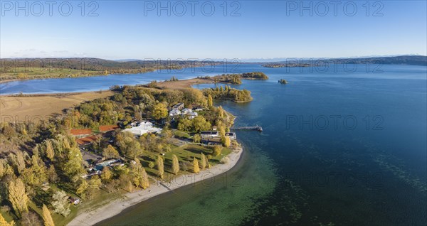 Aerial panorama of the Mettnau peninsula in western Lake Constance with the spa centre