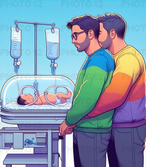 Illustration depicting couple of loving gay persons at the hospital neonatology paediatrics take care of newborn