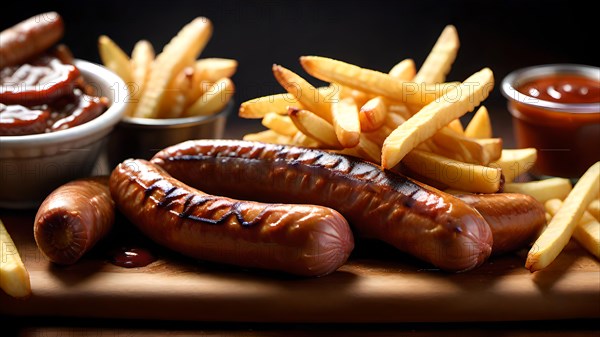 Bratwurst with chips and ketchup