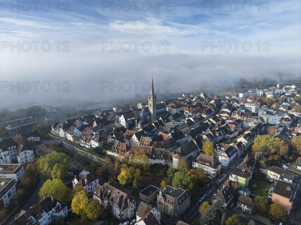 Aerial view of the town of Radolfzell on Lake Constance with autumn vegetation and drifting fog over the lake