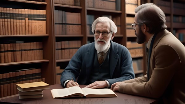 Old professor chatting with younger colleague in library