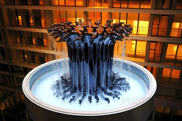 Blue iron fountain in Harry Potter style in a surreal lobby