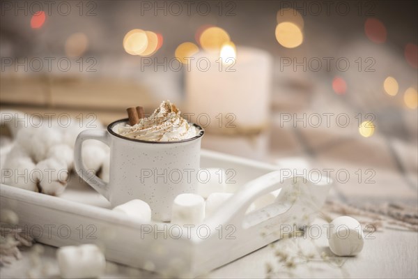Cup coffee tray with marshmallows cinnamon sticks