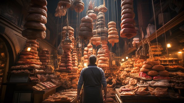 Young adult man standing amid A towering bountiful display of endless fresh breads